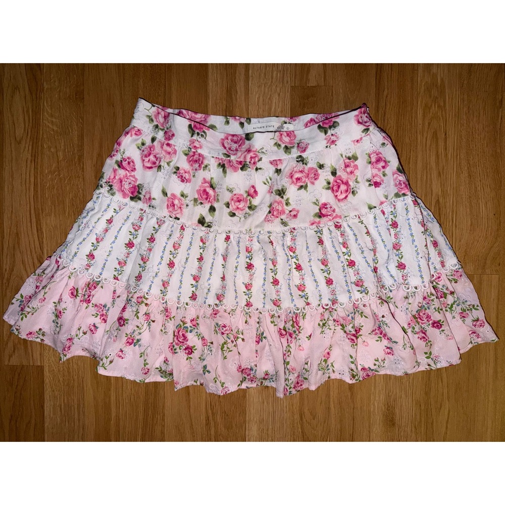 Altar'd State Floral Tiered Mini Skirt Pink White Rose Lace Eyelet Large